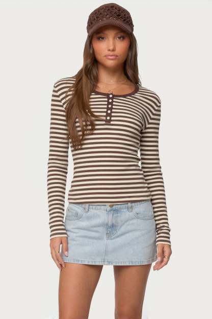 Roma Striped Henley Top - BROWN