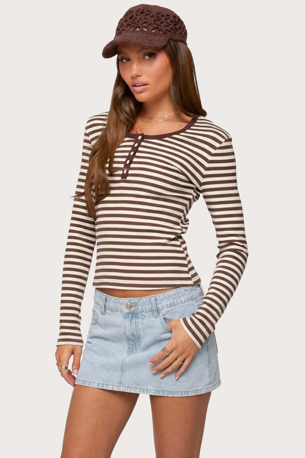 Roma Striped Henley Top - BROWN
