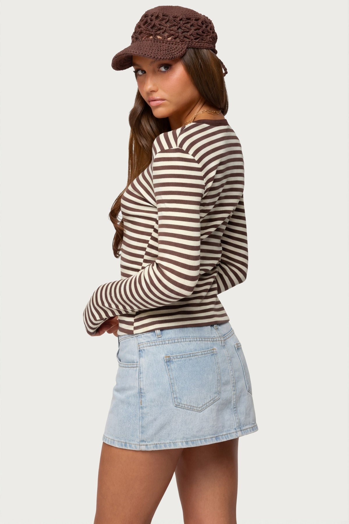 Roma Striped Henley Top - BROWN