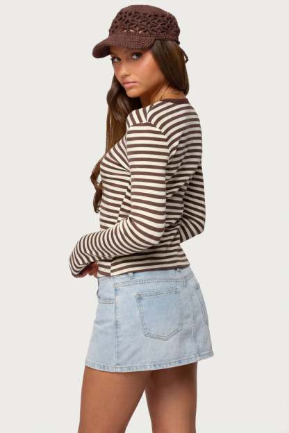Roma Striped Henley Top - BROWN