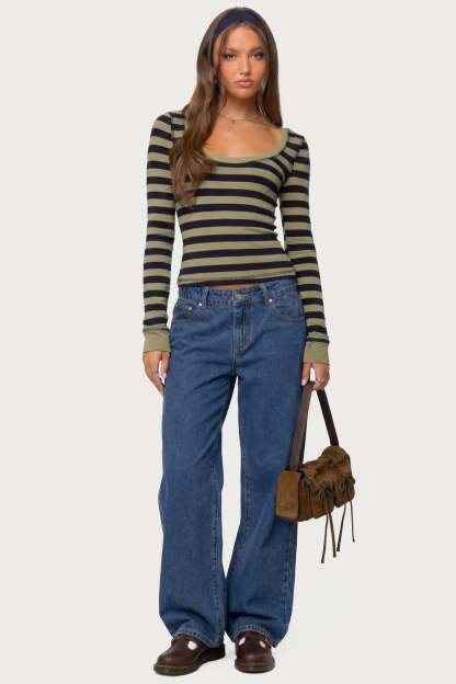 Rainey Striped Long Sleeve Top - OLIVE