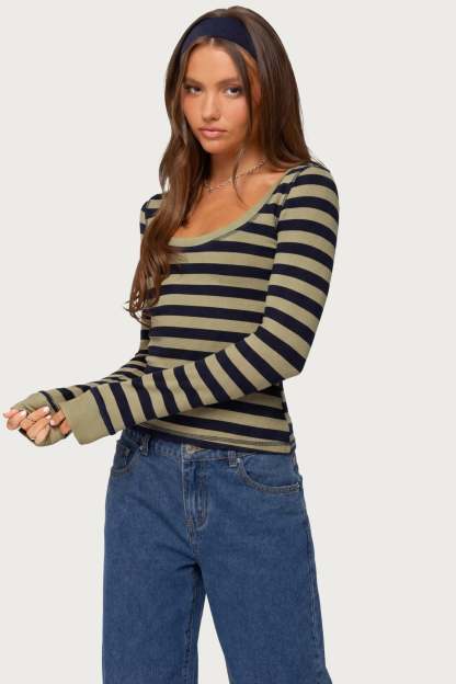 Rainey Striped Long Sleeve Top - OLIVE