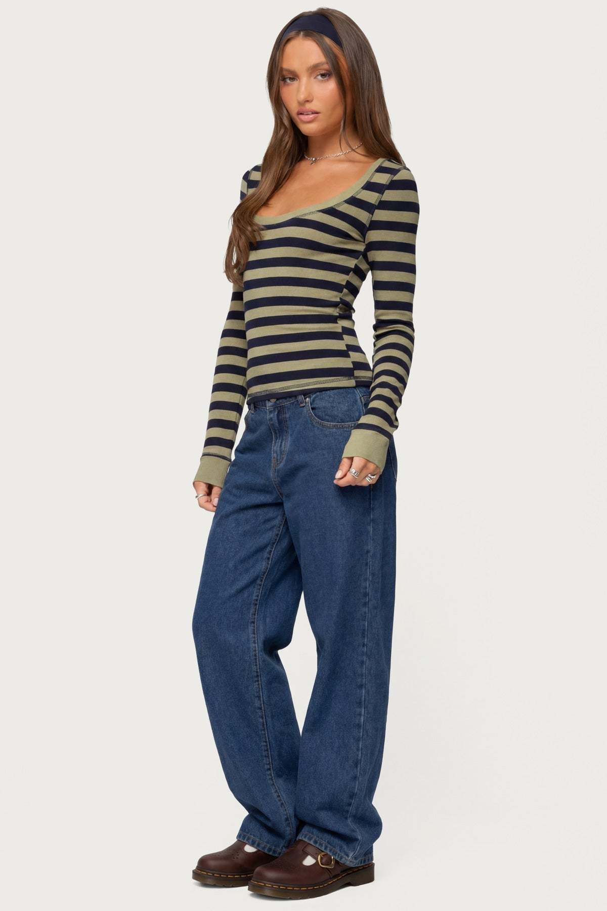 Rainey Striped Long Sleeve Top - OLIVE