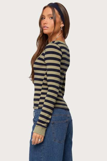 Rainey Striped Long Sleeve Top - OLIVE