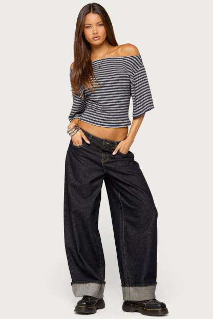 Jadan Striped Off Shoulder Top - GRAY