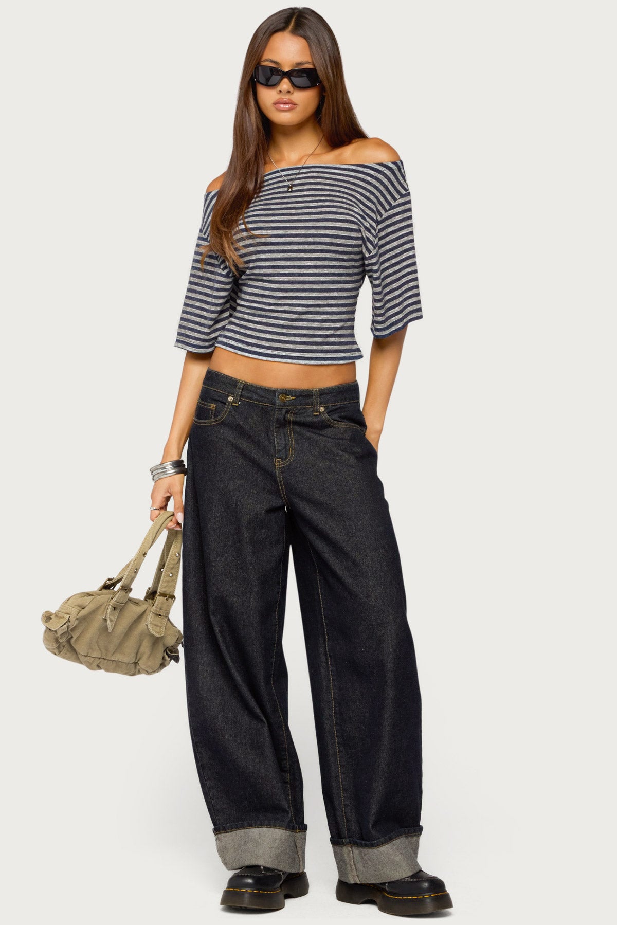 Jadan Striped Off Shoulder Top - GRAY