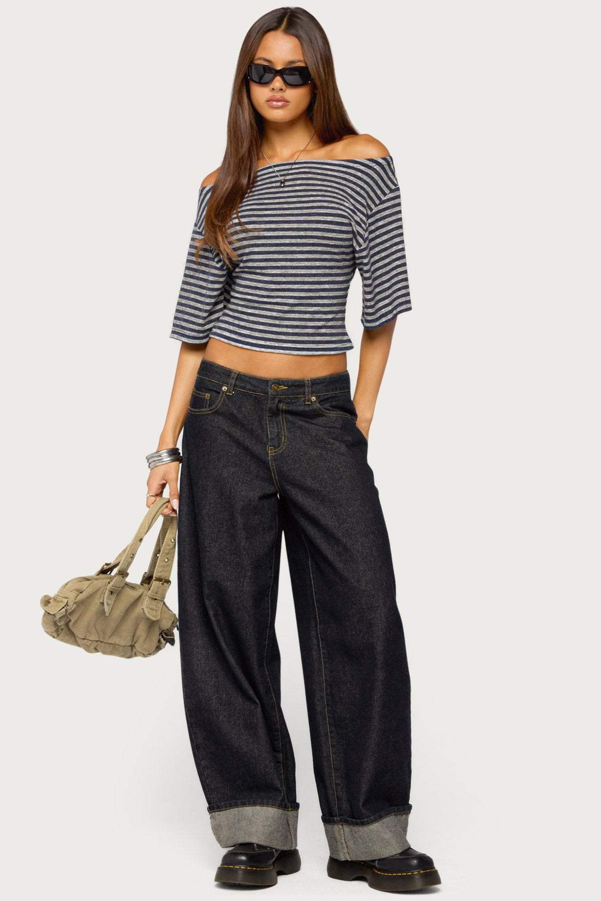 Jadan Striped Off Shoulder Top - GRAY