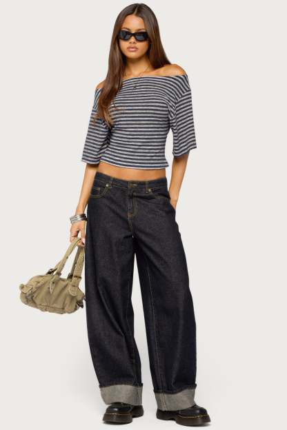 Jadan Striped Off Shoulder Top - GRAY