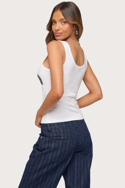 Edikted Girly Ribbed Tank Top - WHITE