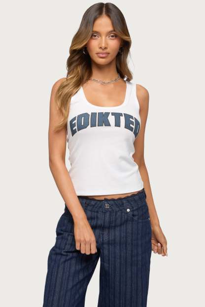 Edikted Girly Ribbed Tank Top - WHITE