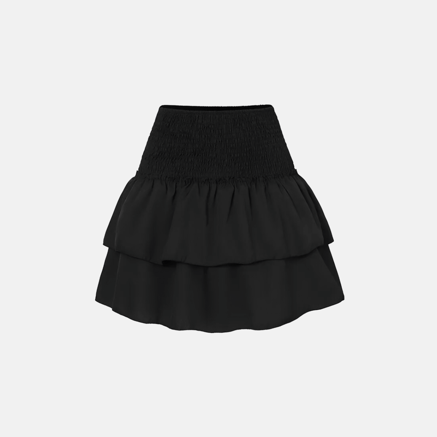 Black smocked ruffle mini skirt with layered tiers