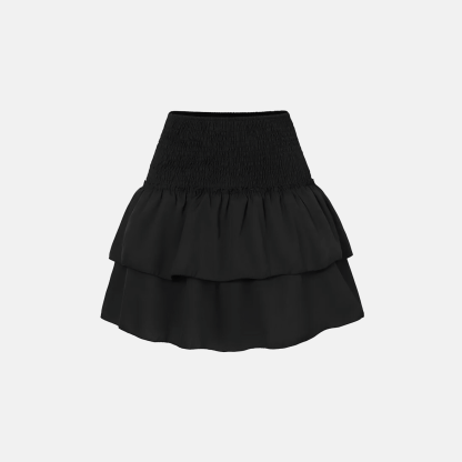 Black smocked ruffle mini skirt with layered tiers