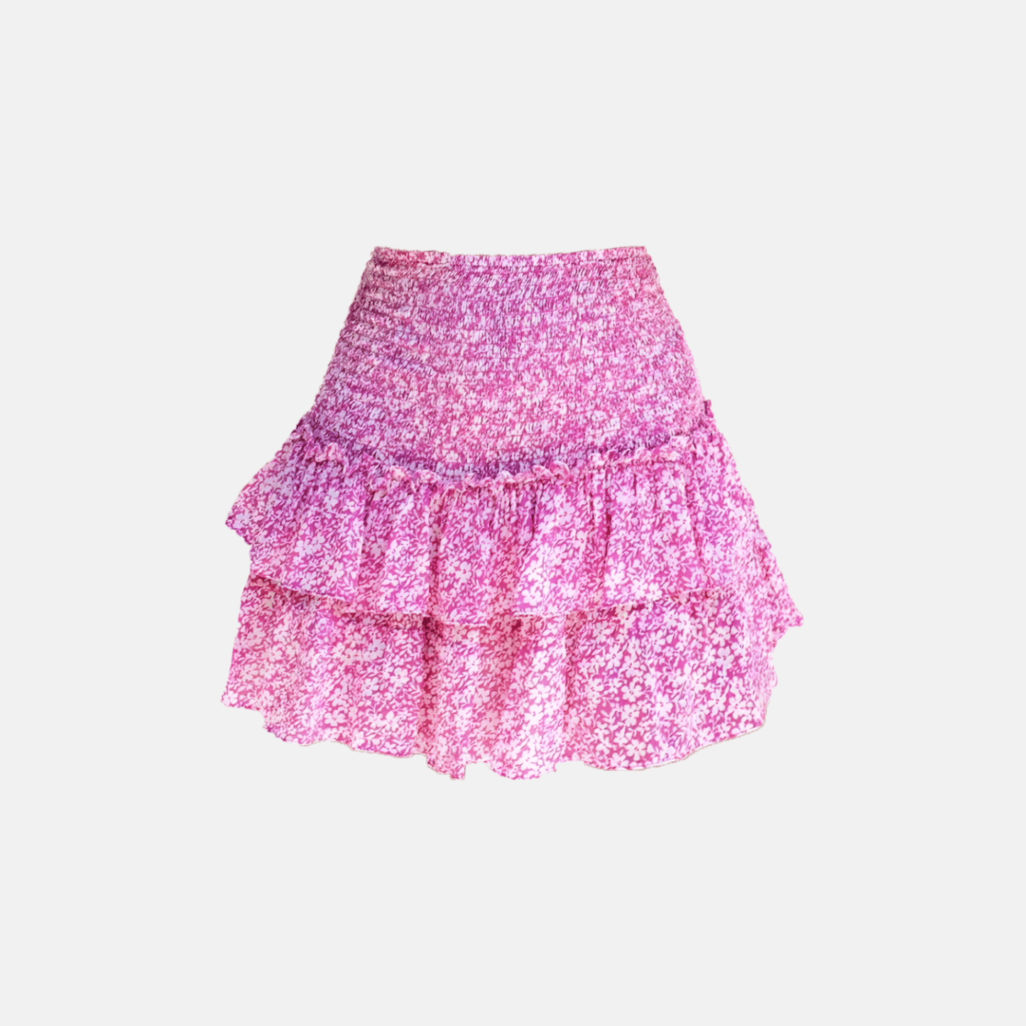 pink sequin mini skirt with tiered ruffle layers and elastic waistband