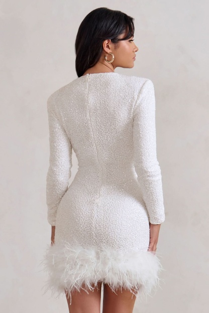 Women's Cocktail Sequin Long Sleeve Feather Hem Mini Dress - product image 3