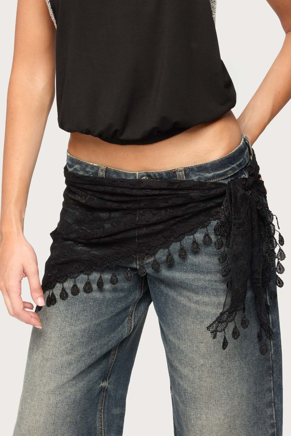 Lover Floral Sheer Lace Waist Scarf - BLACK