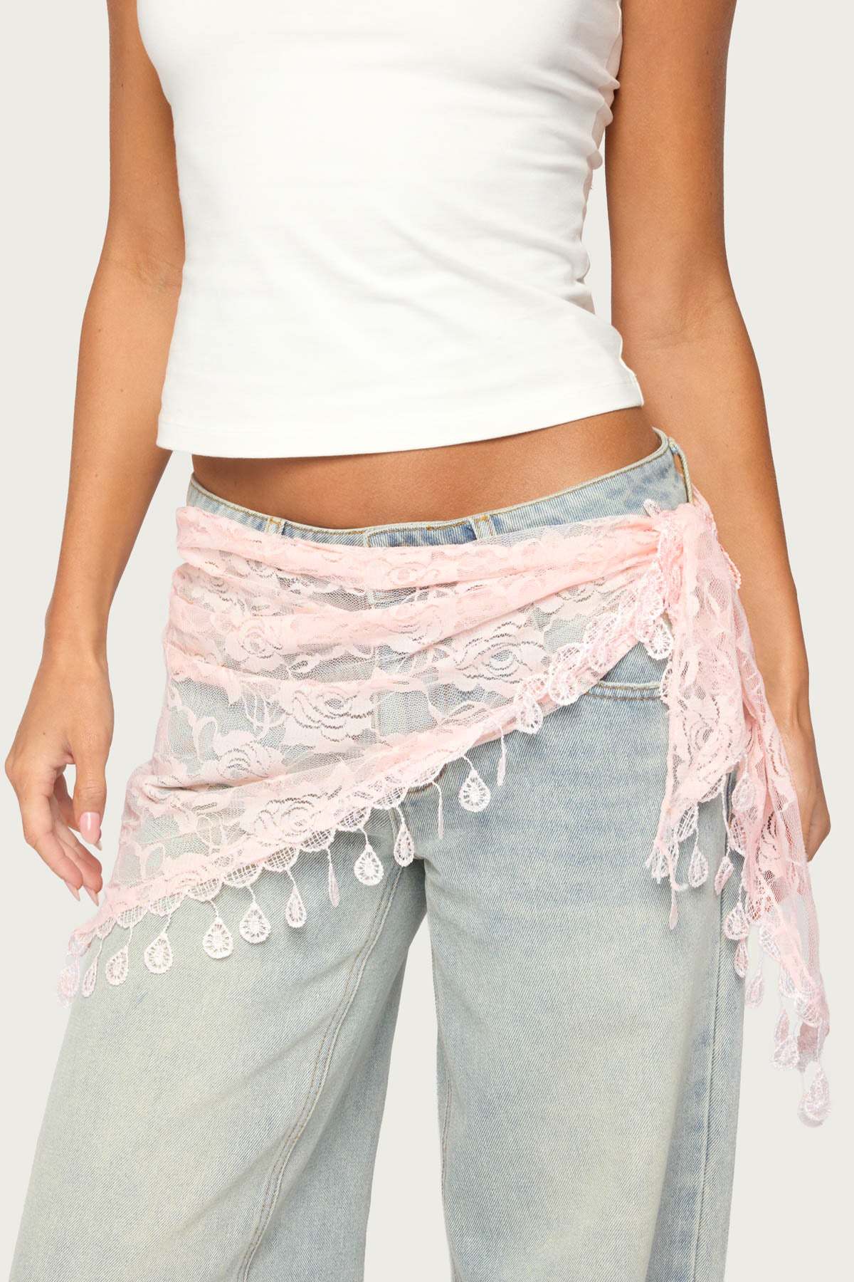 Lover Floral Sheer Lace Waist Scarf - PINK