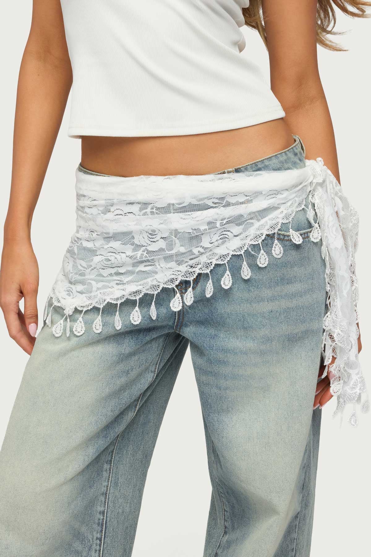 Lover Floral Sheer Lace Waist Scarf - WHITE