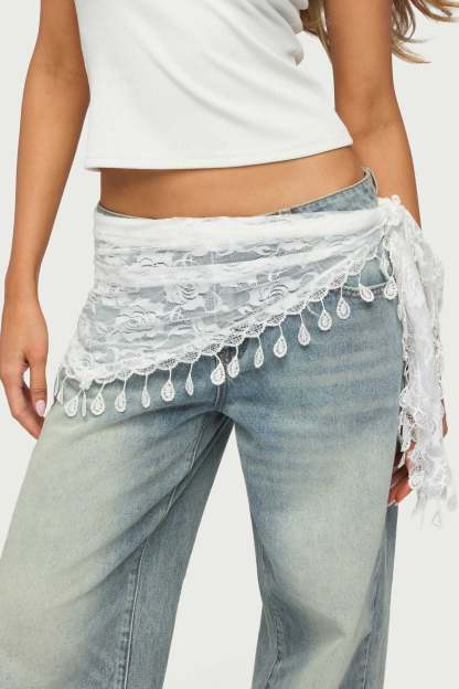 Lover Floral Sheer Lace Waist Scarf - WHITE