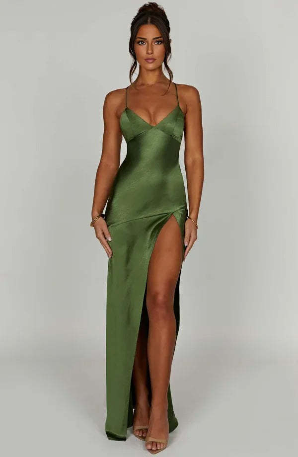 Women's Cocktail Satin V Neck Maxi Dress With Slit