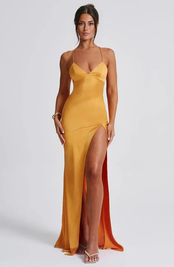 Women's Cocktail Satin V Neck Maxi Dress With Slit