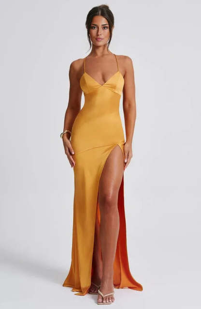 Women's Cocktail Satin V Neck Maxi Dress With Slit