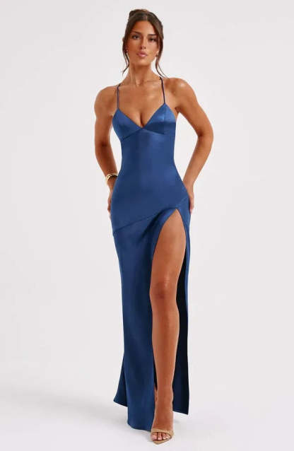 Women's Cocktail Satin V Neck Maxi Dress With Slit