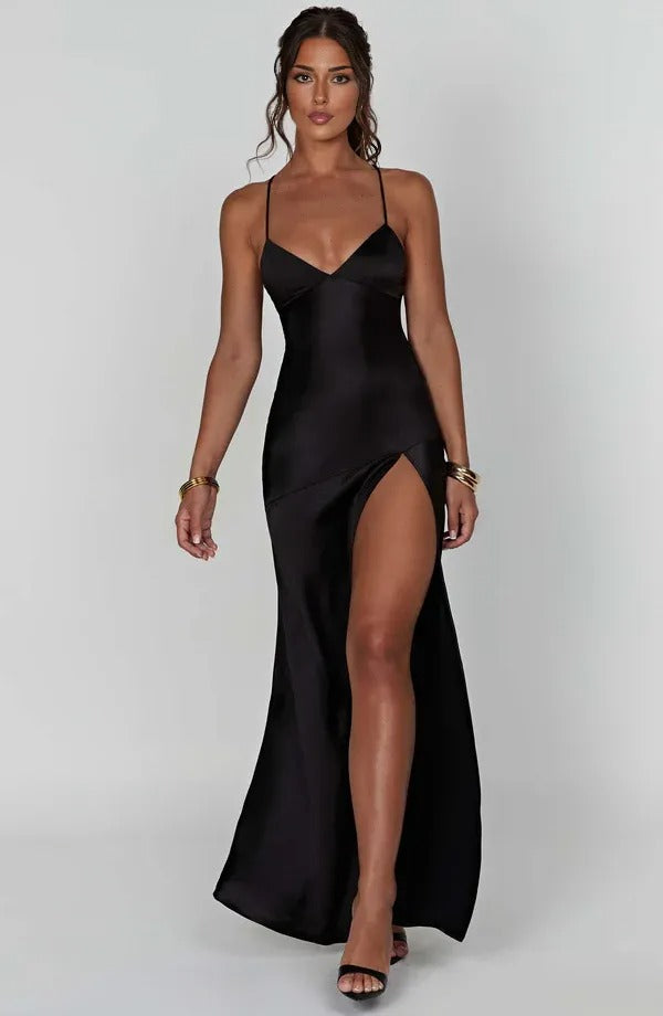 Women's Cocktail Satin V Neck Maxi Dress With Slit
