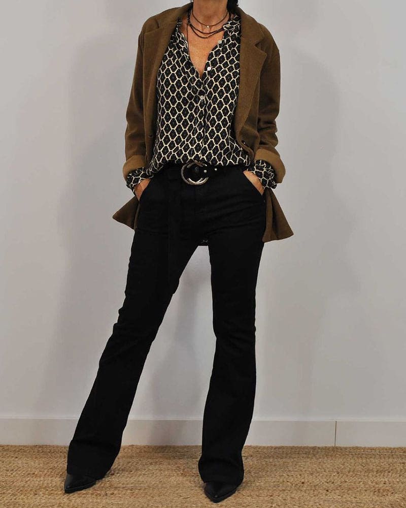 Geometric print long sleeve blouse layered under camel cardigan for women
