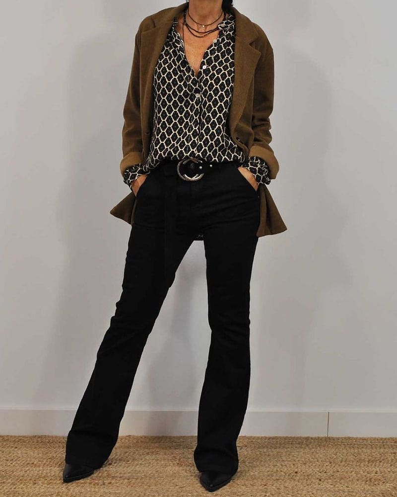 Geometric print long sleeve blouse layered under camel cardigan for women