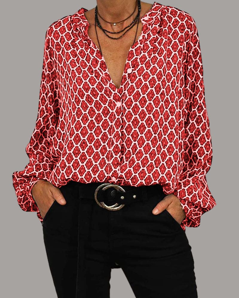 Red and cream geometric print V-neck long sleeve blouse for women