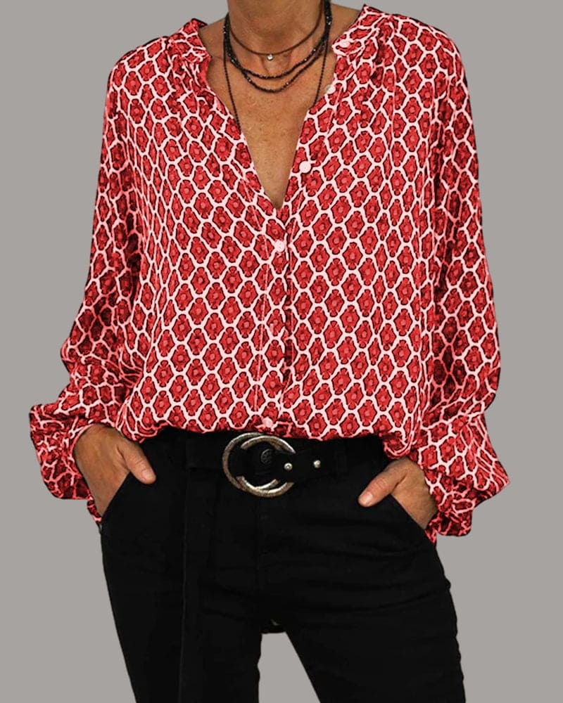 Red and cream geometric print V-neck long sleeve blouse for women