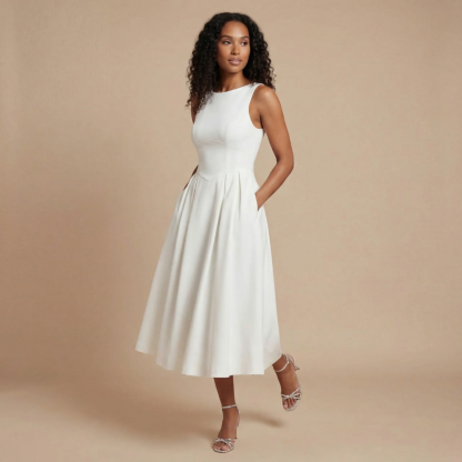 Cream sleeveless midi dress with round neckline, fitted waist, and full skirt with pockets