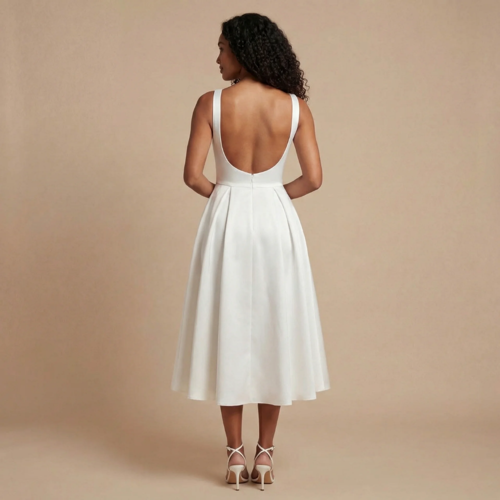 Back view of cream midi dress showing low open back and full pleated skirt