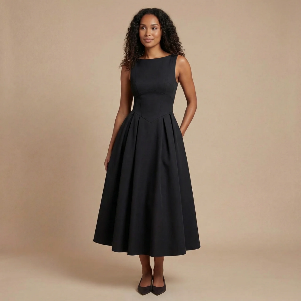 Black sleeveless midi dress with crew neckline, fitted bodice, and full A-line skirt