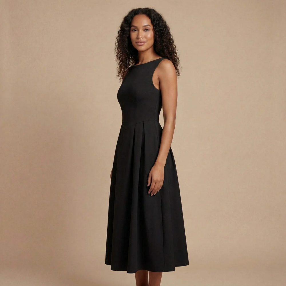 Side view of black midi dress showing sleeveless design and flowing midi length