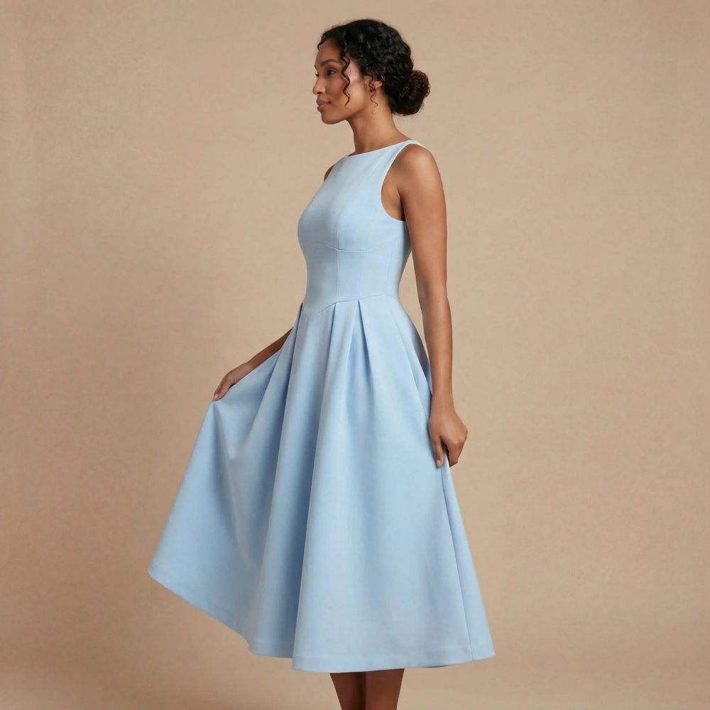 Light blue sleeveless midi dress with fitted bodice and full pleated skirt