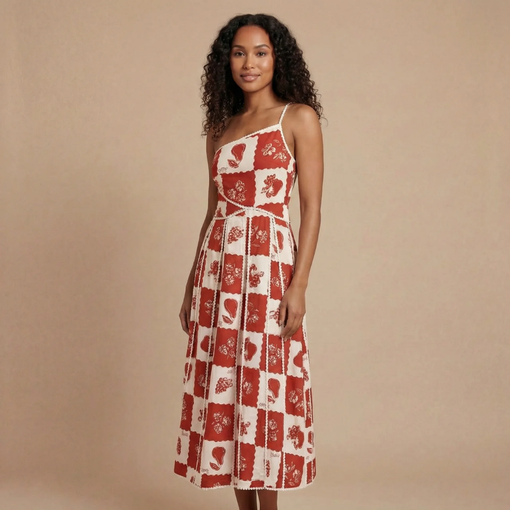 Red and cream patchwork floral one-shoulder maxi dress with fitted bodice and pleated skirt for women