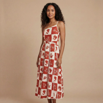 Red and cream patchwork floral one-shoulder maxi dress with fitted bodice and pleated skirt for women