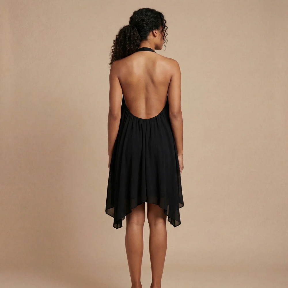 Black backless halter mini dress with open back design for women