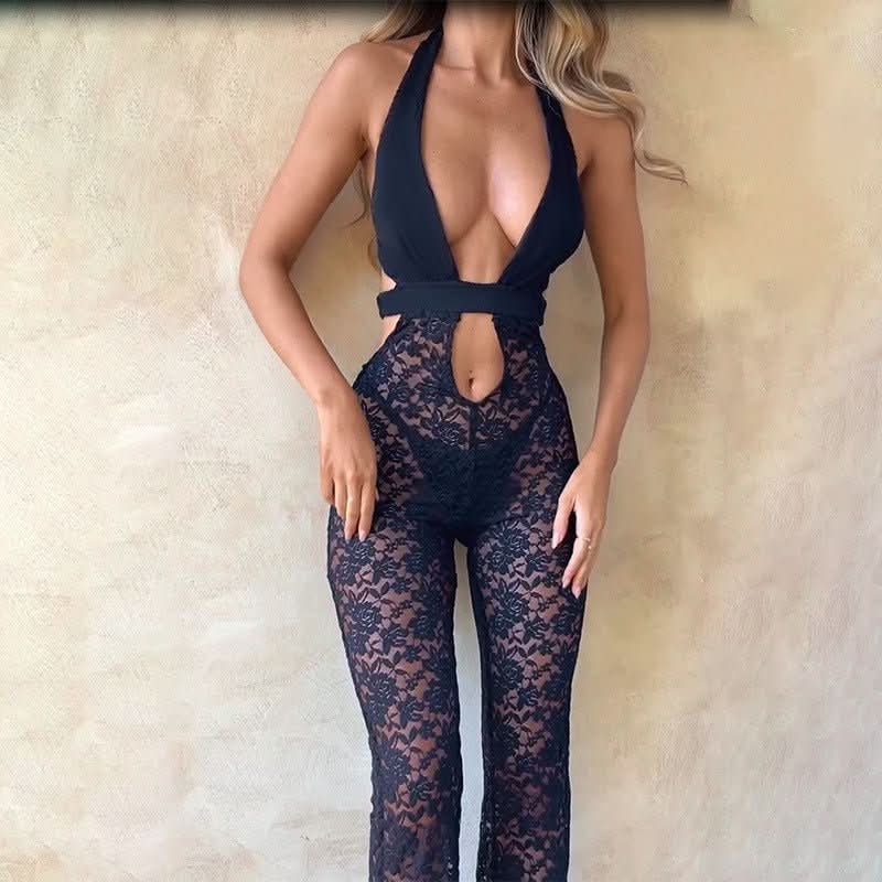 Close-up of black lace jumpsuit showing cutout waist and tie detail for women