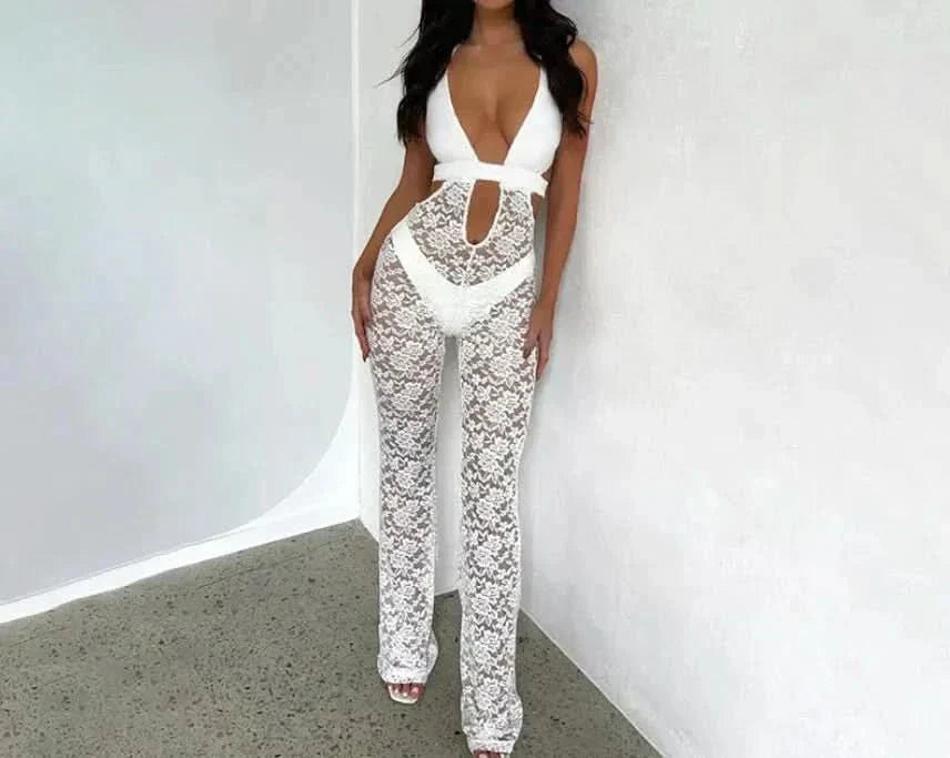 White lace halter jumpsuit with V-neckline and full-length sheer legs for women