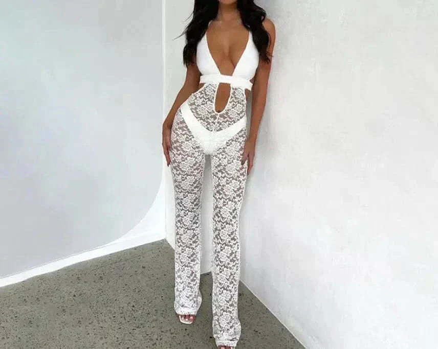 White lace halter jumpsuit with V-neckline and full-length sheer legs for women