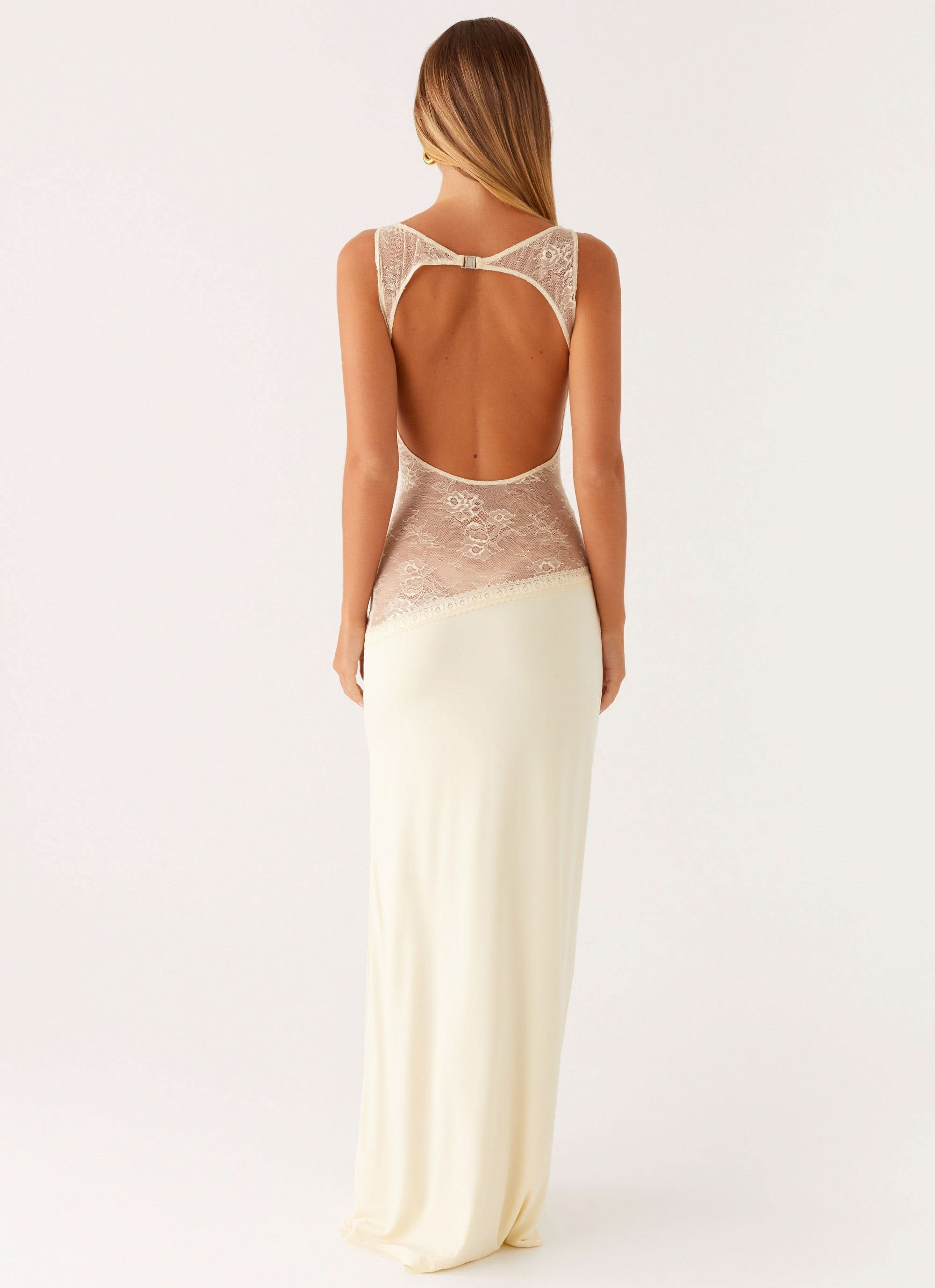 Cream maxi dress with open back and sheer lace waist