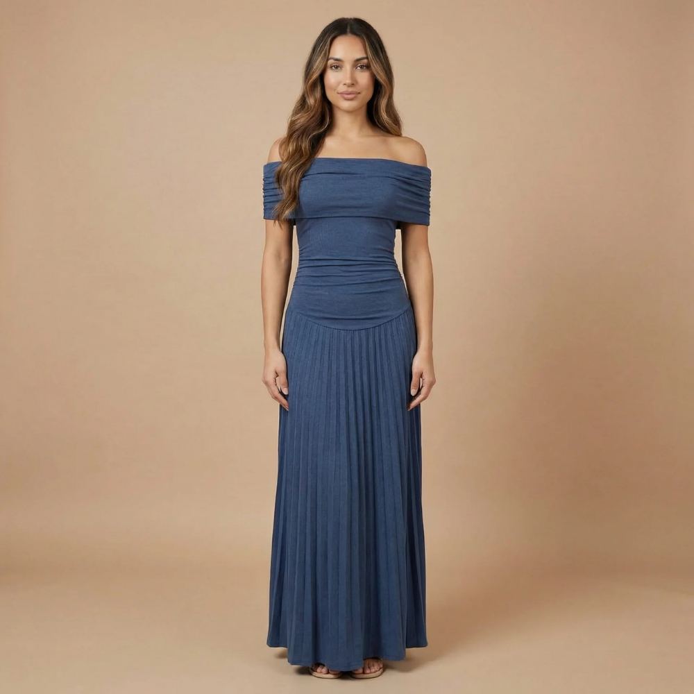 Navy off-shoulder ruched maxi dress with pleated skirt for formal wedding guest occasions