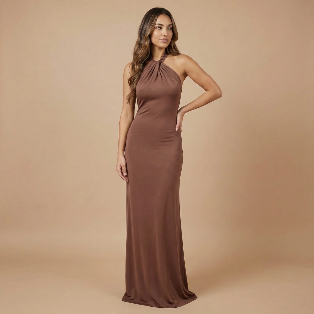 Taupe halter ruched maxi dress with gathered waist and sleek silhouette