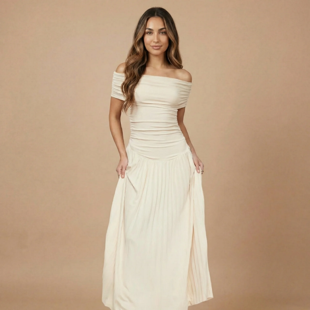 Cream off-shoulder ruched maxi dress with pleated skirt and short sleeves for women