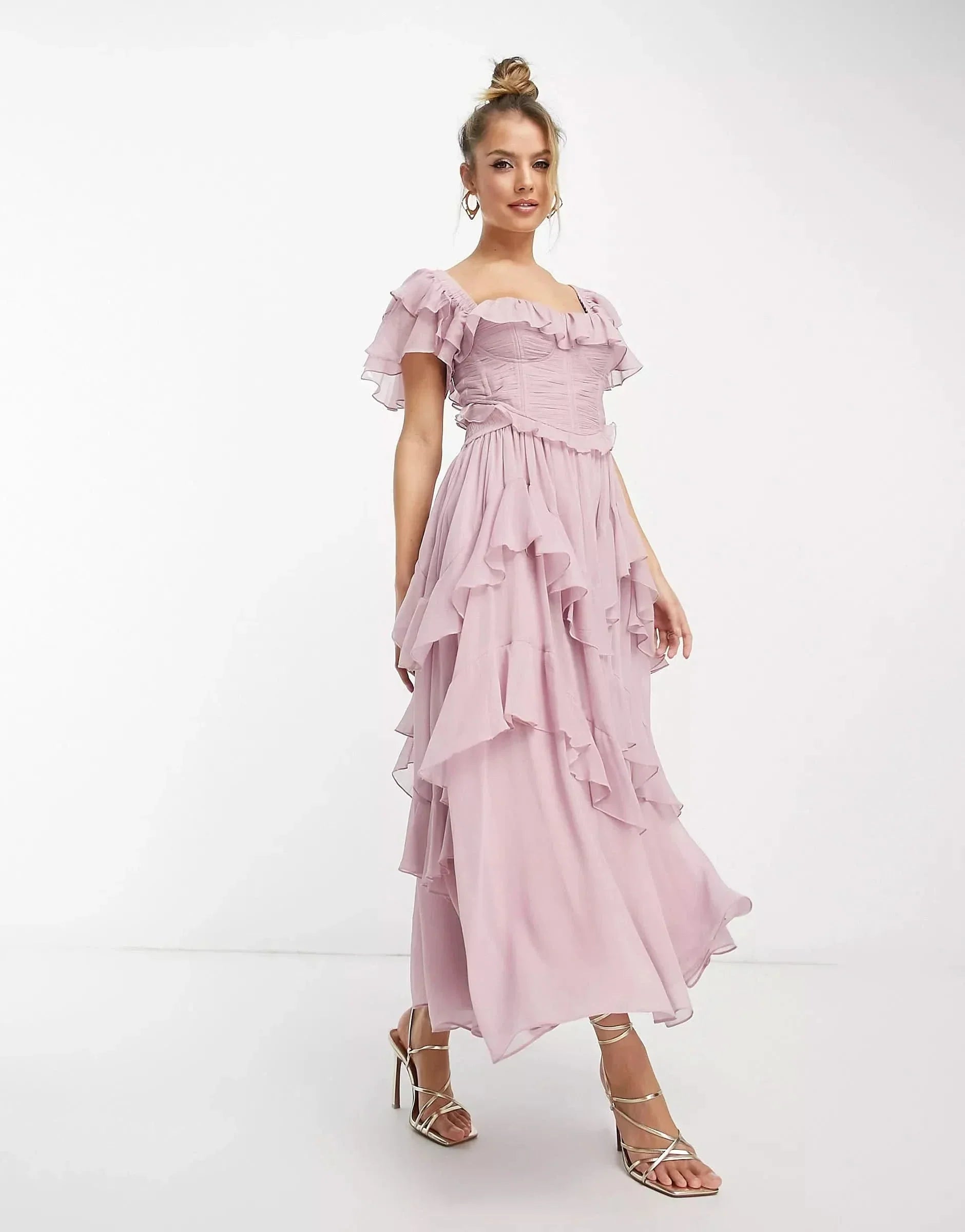 Mauve ruffle midi dress with ruffled off-shoulder sleeves and tiered skirt