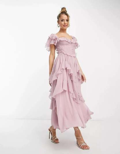 Mauve ruffle midi dress with ruffled off-shoulder sleeves and tiered skirt
