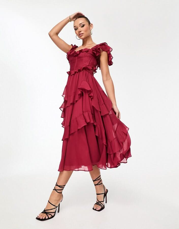 Burgundy ruffle midi dress with ruffled sleeves and layered skirt