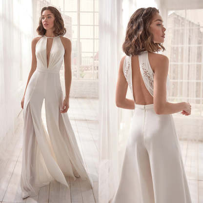 Front and back comparison of cream backless formal jumpsuit with halter neckline